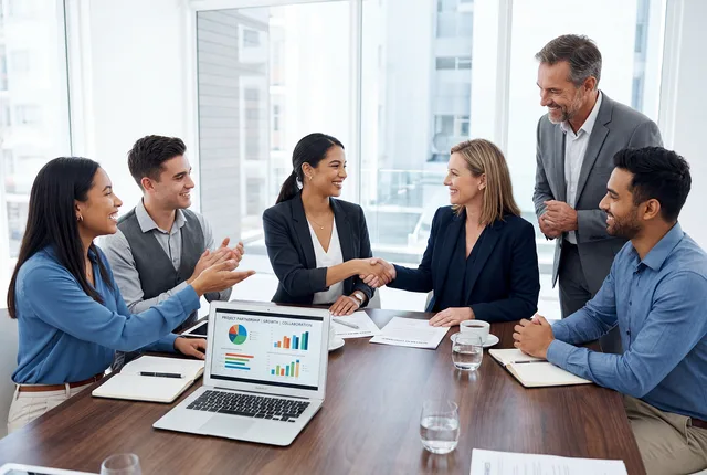 meeting, conference, business, office, team, collaboration, agreement, handshake, partnership, corporate, professional, discussion, presentation, chart, graph, laptop, documents, strategy, negotiation, success, leadership, workplace, formal, ai generated. CRM w średniej firmie: procesy, dane i kryteria wyboru