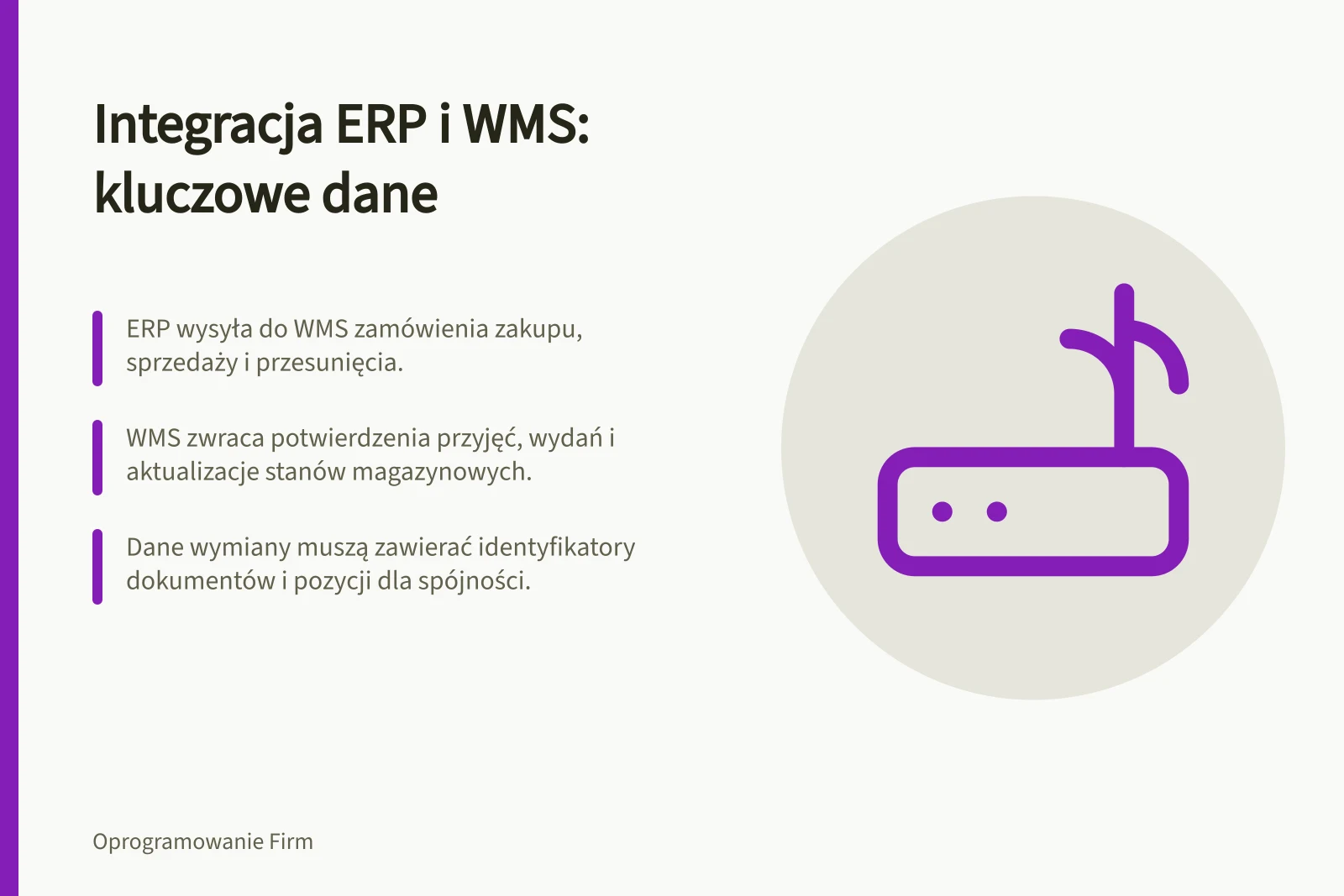 Integracja ERP i WMS: kluczowe dane: ERP wysyła do WMS zamówienia zakupu, sprzedaży i przesunięcia.; WMS zwraca potwierdzenia przyjęć, wydań i aktualizacje stanów magazynowych.; Dane wymiany muszą zawierać identyfikatory dokumentów i pozycji dla spójności.