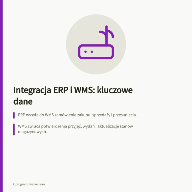Integracja ERP i WMS: kluczowe dane: ERP wysyła do WMS zamówienia zakupu, sprzedaży i przesunięcia.; WMS zwraca potwierdzenia przyjęć, wydań i aktualizacje stanów magazynowych.; Dane wymiany muszą zawierać identyfikatory dokumentów i pozycji dla spójności. Integracja ERP z systemem magazynowym: jakie dane wymieniać