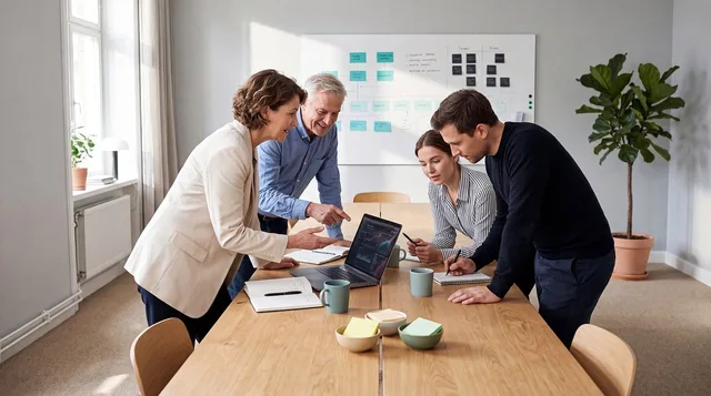 office, collaboration, meeting, presentation, laptop, team, discussion, whiteboard, desk, session, analysis, january, planning, work environment, office culture, management, information, group discussion, planning meeting, brainstorming. Jak przygotować analizę przedwdrożeniową w średniej firmie