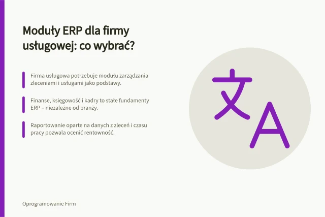 Moduły ERP dla firmy usługowej: co wybrać?: Firma usługowa potrzebuje modułu zarządzania zleceniami i usługami jako podstawy.; Finanse, księgowość i kadry to stałe fundamenty ERP – niezależne od branży.; Raportowanie oparte na danych z zleceń i czasu pracy pozwala ocenić rentowność. Jakie moduły ERP wybiera średnia firma usługowa