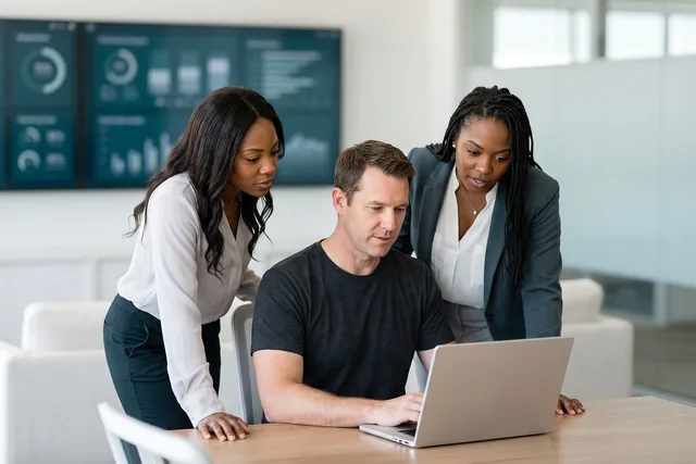 teamwork, desktop computer, office, strategy, discussion, modern, technology, people, business, collaboration, data analysis, project, entrepreneurs, recognition technology, business meeting, colleagues, notes, success, screen, professionals. Jakie moduły ERP wybiera średnia firma usługowa