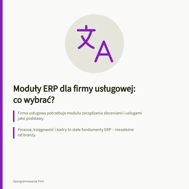 Moduły ERP dla firmy usługowej: co wybrać?: Firma usługowa potrzebuje modułu zarządzania zleceniami i usługami jako podstawy.; Finanse, księgowość i kadry to stałe fundamenty ERP – niezależne od branży.; Raportowanie oparte na danych z zleceń i czasu pracy pozwala ocenić rentowność. Jakie moduły ERP wybiera średnia firma usługowa