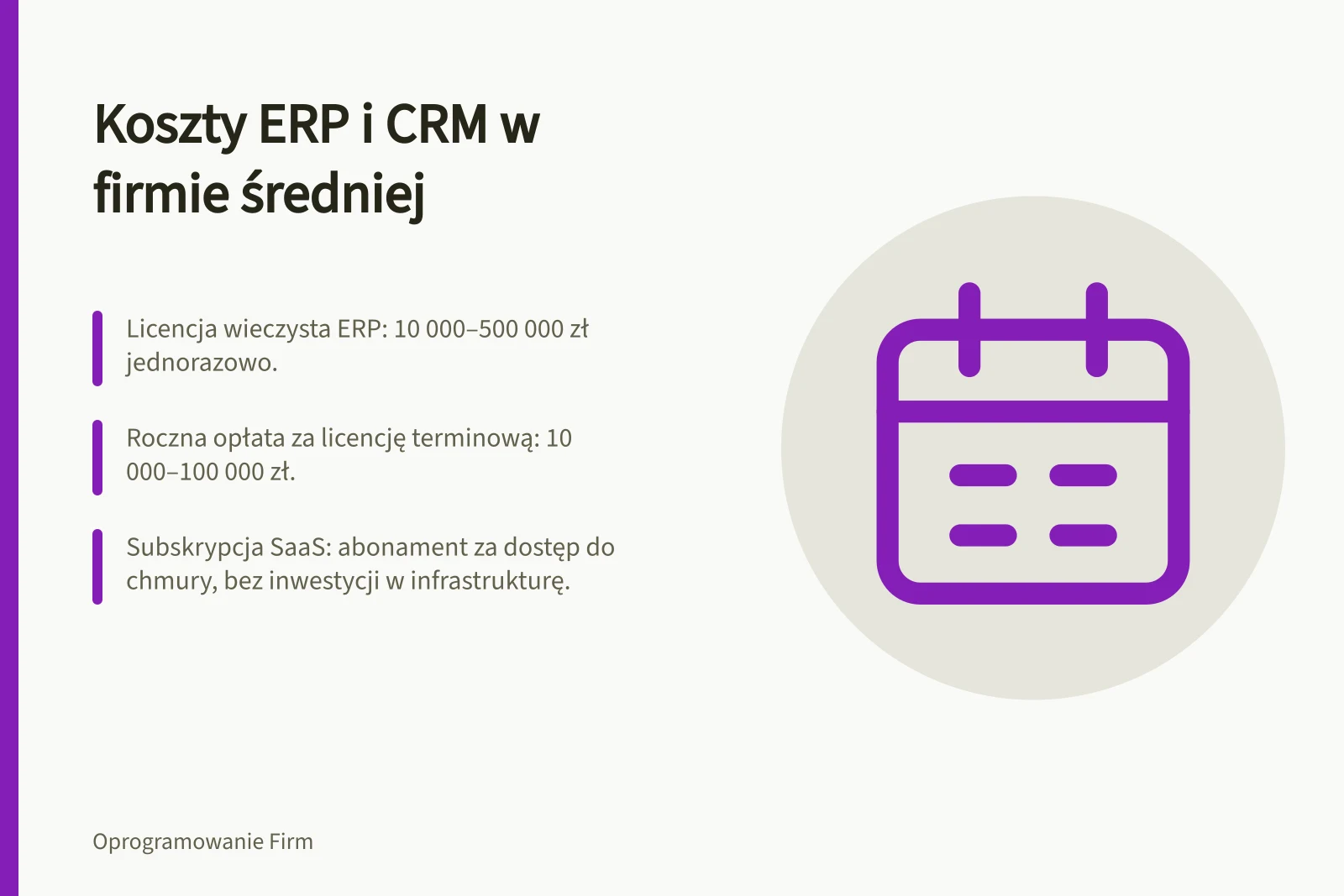 Koszty ERP i CRM w firmie średniej: Licencja wieczysta ERP: 10 000–500 000 zł jednorazowo.; Roczna opłata za licencję terminową: 10 000–100 000 zł.; Subskrypcja SaaS: abonament za dostęp do chmury, bez inwestycji w infrastrukturę.