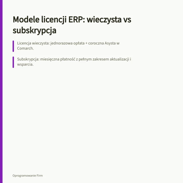 Modele licencji ERP: wieczysta vs subskrypcja: Licencja wieczysta: jednorazowa opłata + coroczna Asysta w Comarch.; Subskrypcja: miesięczna płatność z pełnym zakresem aktualizacji i wsparcia.; Od 1.02.2026 nowi klienci Comarch ERP Optima tylko w modelu subskrypcyjnym. Modele licencji ERP: abonament, licencja wieczysta i subskrypcja