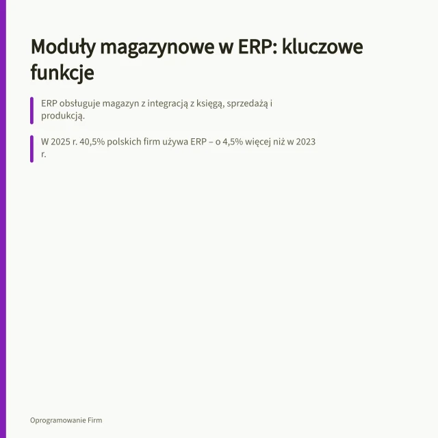 Moduły magazynowe w ERP: kluczowe funkcje: ERP obsługuje magazyn z integracją z księgą, sprzedażą i produkcją.; W 2025 r. 40,5% polskich firm używa ERP – o 4,5% więcej niż w 2023 r.; Moduł magazynowy musi obsługiwać przyjęcia, wydania, przesunięcia i inwentaryzację bez WMS. Moduły magazynowe w ERP: funkcje do sprawdzenia przed wyborem