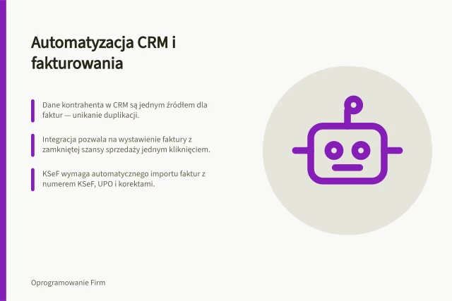 Automatyzacja CRM i fakturowania: Dane kontrahenta w CRM są jednym źródłem dla faktur — unikanie duplikacji.; Integracja pozwala na wystawienie faktury z zamkniętej szansy sprzedaży jednym kliknięciem.; KSeF wymaga automatycznego importu faktur z numerem KSeF, UPO i korektami. Połączenie CRM z fakturowaniem: jakie procesy zautomatyzować