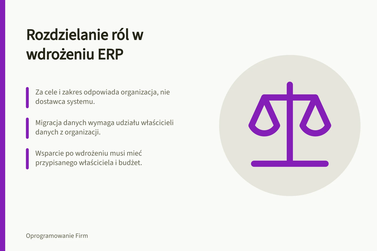 Rozdzielanie ról w wdrożeniu ERP: Za cele i zakres odpowiada organizacja, nie dostawca systemu.; Migracja danych wymaga udziału właścicieli danych z organizacji.; Wsparcie po wdrożeniu musi mieć przypisanego właściciela i budżet.
